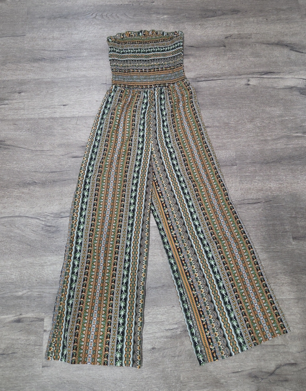 Strapless Smocked Wide-Leg Jumpsuit in Green Multi Stripe
